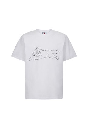 Camiseta blanca de manga corta con un diseño de contorno punteado de un gato corriendo en el frente.