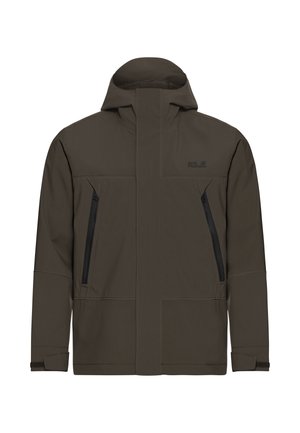 Dunkelolivgrüne wasserdichte Jacke mit hohem Kragen, zwei Reißverschlusstaschen an den Seiten und einem minimalistischen Design. Hergestellt aus strapazierfähigem, glattem Stoff.