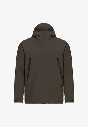 Dunkelolivgrüne wasserdichte Jacke mit hohem Kragen, zwei Reißverschlusstaschen an den Seiten und einem minimalistischen Design. Hergestellt aus strapazierfähigem, glattem Stoff.