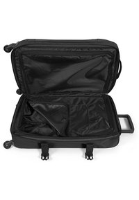 Black wheeled suitcase with an open zipper. Interior features smooth fabric lining, a large compartment, and a smaller side pocket.