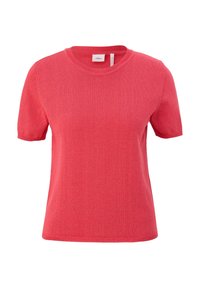 Kortärmad, rundhalsad tröja i stark korall, tillverkad av mjukt stickat material, med ribbad textur och rena kanter.