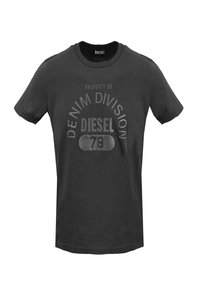 T-shirt nera in cotone a maniche corte, con una stampa grafica opaca che riporta la dicitura "PROPRIETÀ DELLA DIVISIONE DENIM DIESEL 78."
