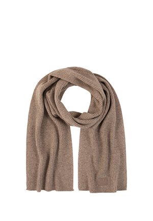 Brown ribbed knit scarf folded in a loop with two ends hanging down, made of soft fabric.