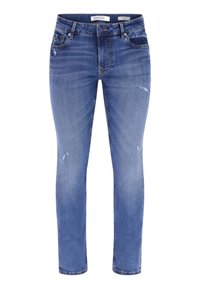 Jeans en denim bleu slim fit avec une finition délavée, un léger effet usé et un design classique à cinq poches. Tissu en coton avec une texture lisse.