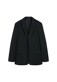 Zwarte blazer van gestructureerde stof. Beschikt over een notch-kraag, sluiting met één knoop en twee voorkruiszakken. Strakke, op maat gemaakte pasvorm.