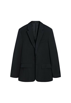 Black blazer made of textured fabric. Features a notched lapel, single button closure, and two front pockets. Clean, tailored shape.