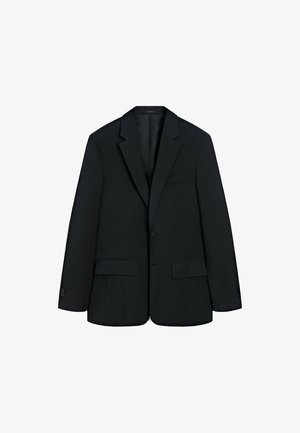 Zwarte blazer van gestructureerde stof. Beschikt over een notch-kraag, sluiting met één knoop en twee voorkruiszakken. Strakke, op maat gemaakte pasvorm.