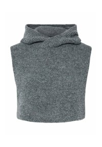 Maglione grigio lavorato a maglia senza maniche con un spesso motivo a coste texture e colletto ripiegato.