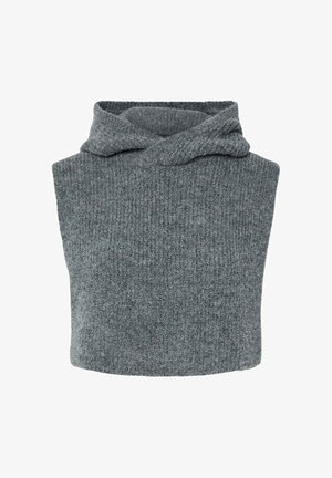 Maglione grigio lavorato a maglia senza maniche con un spesso motivo a coste texture e colletto ripiegato.