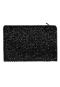 Svart clutch i vävt pärlor, rektangulär form, texturerad yta, har ett blixtlås för stängning, kompakt design som är lämplig för det nödvändigaste.