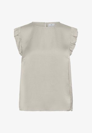 Helehall, lühikeste varrukatega tipp, millel on volangakujulised aktsendid õlgadel, sile tekstuur ja võtmeaugu kujuline seljaava.