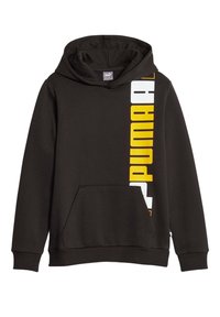 Felpa nera con cappuccio realizzata in morbido misto cotone, dotata di tasca a marsupio e un audace logo "PUMA" bianco e giallo sul lato destro.