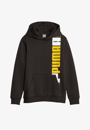 Felpa nera con cappuccio realizzata in morbido misto cotone, dotata di tasca a marsupio e un audace logo "PUMA" bianco e giallo sul lato destro.