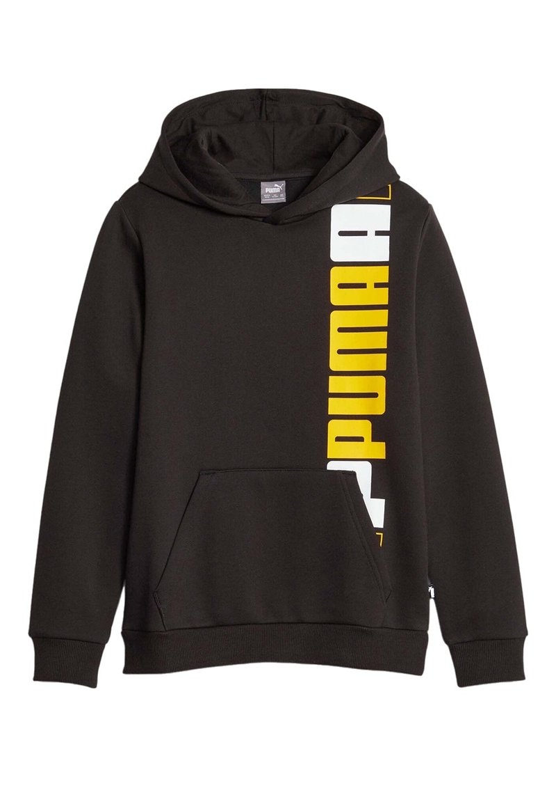 Felpa nera con cappuccio realizzata in morbido misto cotone, dotata di tasca a marsupio e un audace logo "PUMA" bianco e giallo sul lato destro.