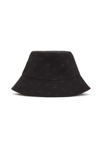 Cappello a secchiello nero in tessuto, caratterizzato da un motivo testurizzato di un logo, una larga visiera e dettagli cuciti per una maggiore struttura.