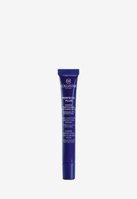 Collistar Perfecta Plus øjenkonturcreme tube, cylindrisk form, mørkeblå plast, hvid tekstetiket, skruehætte. Indholdet er synligt gennem den translucente spids.