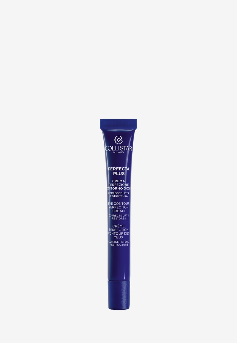 Collistar Perfecta Plus øjenkonturcreme tube, cylindrisk form, mørkeblå plast, hvid tekstetiket, skruehætte. Indholdet er synligt gennem den translucente spids.