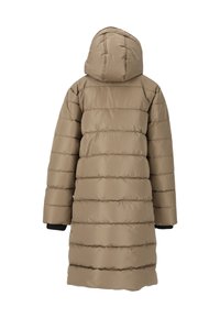 Puffervinterjakke med et beige, quiltet design, der har hætte og sorte detaljer ved ærmerne. Stoffet er glat og mat med vandrette sømme.