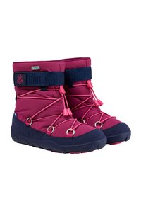 Roze geïsoleerde laarzen met marineblauwe accenten, elastische veters en zilveren vetertunnel. Textuurstof bovenwerk en rubberen zool voor grip en duurzaamheid.