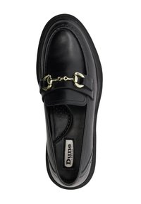 Black leather slip-on shoe with a rounded shape, featuring a gold chain accent across the upper and a textured insole. Brand label visible.