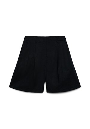 Schwarze, hoch taillierte, maßgeschneiderte Shorts mit Falten, Gürtelschlaufen und einer strukturierten A-Linien-Silhouette auf weißem Hintergrund.