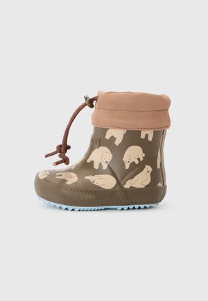 Brązowy dziecięcy kalosz z jasnoniebieską podeszwą, beżowym nadrukiem niedźwiedzia polarnego i beżowym mankietem z tkaniny z regulowanym sznurkiem.
