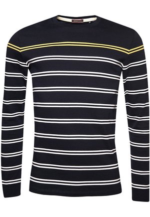 Marineblaues Langarmshirt mit weißen und gelben horizontalen Streifen, Rundhalsausschnitt, weichem Stoff und figurbetontem Schnitt.