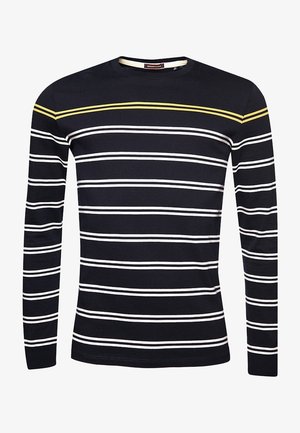 Chemise à manches longues bleu marine avec des rayures horizontales blanches et jaunes, col rond, tissu doux et coupe ajustée.