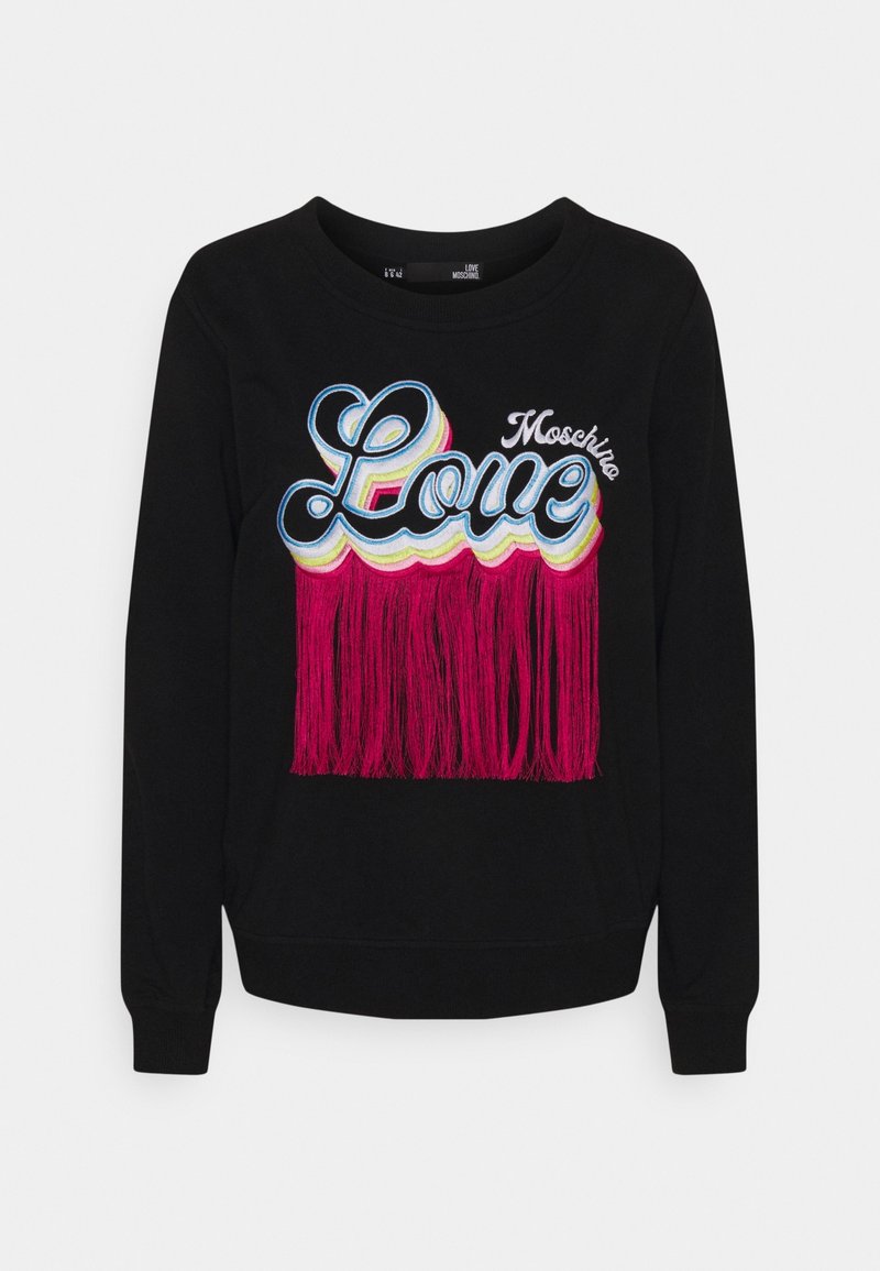 Svart sweatshirt med färgstark "Love"-text och rosa fransdetaljer längst ner. Långa ärmar med ribbade muddar. Mjuk tygkänsla.