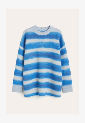 Suéter a rayas azul y blanco con cuello redondo, corte holgado, tejido texturizado y puños y dobladillo acanalados.