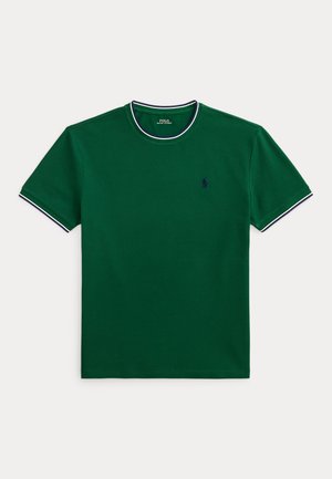 Dark green short-sleeve crew-neck T-shirt with navy and white trim on collar and sleeves, and small navy embroidered logo on chest.