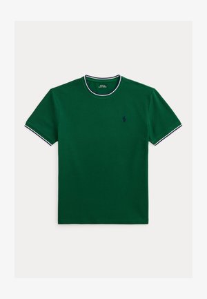 Dark green short-sleeve crew-neck T-shirt with navy and white trim on collar and sleeves, and small navy embroidered logo on chest.