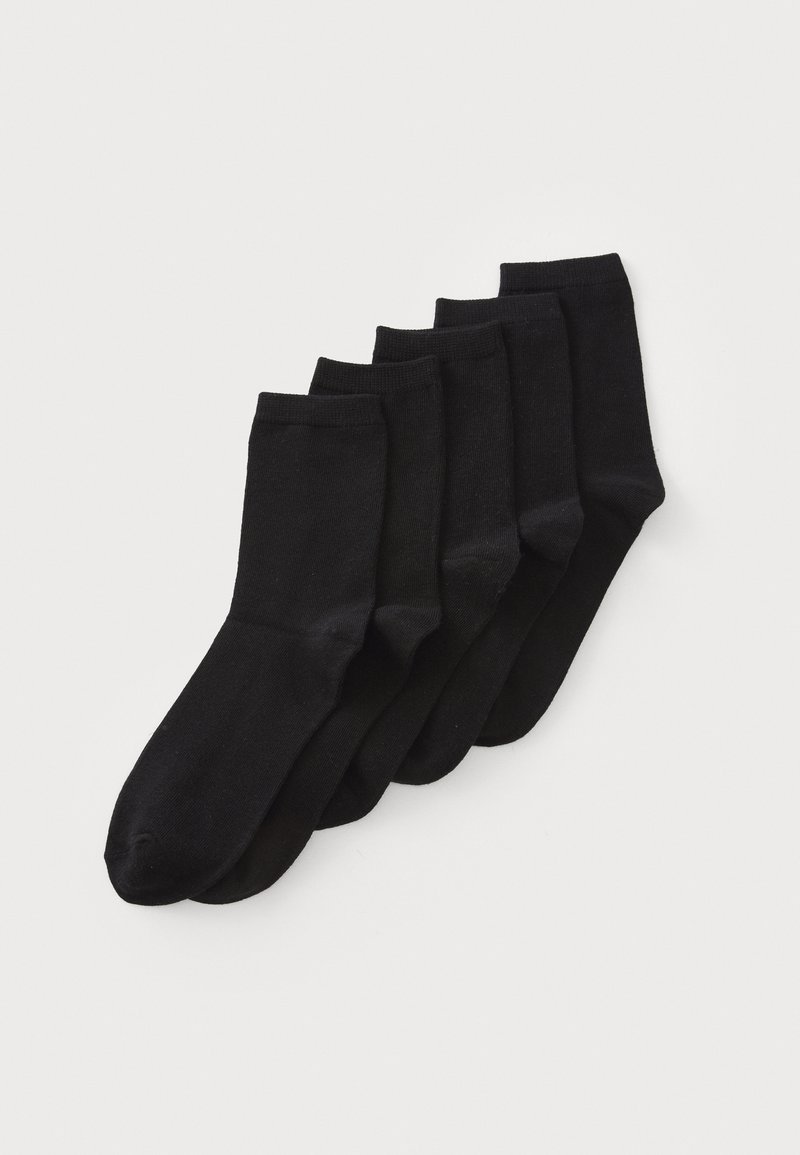 Meias de algodão pretas, cinco pares, comprimento clássico até ao tornozelo, textura suave, biqueira reforçada, punho canelado, cor uniforme, design simples.