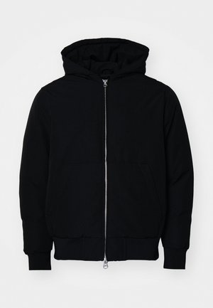 Black hooded jacket with front zipper, kangaroo pocket, ribbed cuffs, and hem, displayed on a plain white background.