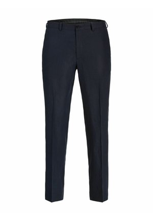 Laivastonsiniset räätälöidyt miesten housut, joissa on nappi- ja vetoketjusuljin, vyölenkit ja suora lahkeen leikkaus.