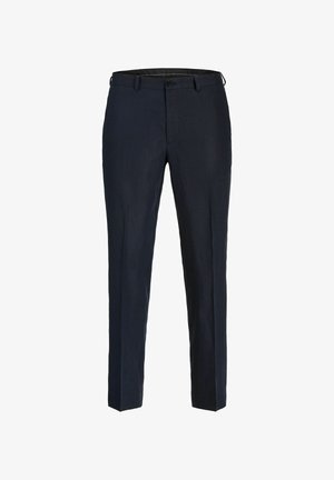 Laivastonsiniset räätälöidyt miesten housut, joissa on nappi- ja vetoketjusuljin, vyölenkit ja suora lahkeen leikkaus.