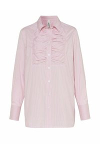 Light pink striped shirt with a ruffled front panel, collared neck, and long sleeves. Buttoned closure and cuffs with a relaxed fit.