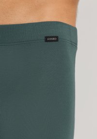 Tejido de punto de color verde oscuro con una textura suave. Presenta una cinturilla cosida y una etiqueta negra con el nombre de la marca "HANRO."