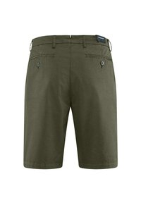 Pantaloni corti verde oliva realizzati in tessuto testurizzato, caratterizzati da due tasche posteriori con bottoni e una vita liscia. Design a lunghezza media coscia.