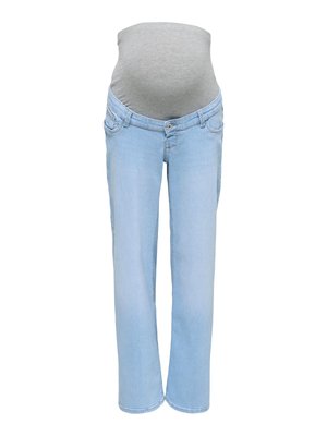 Světle modré těhotenské džíny s elastickým šedým pasem pro pohodlí během těhotenství, zobrazené na bílém pozadí.