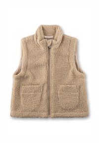 Fleece-Weste in hellem Beige mit hohem Kragen, Frontreißverschluss und zwei großen Taschen. Weicher, strukturierter Stoff für Wärme und Komfort.