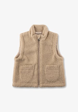Fleece-Weste in hellem Beige mit hohem Kragen, Frontreißverschluss und zwei großen Taschen. Weicher, strukturierter Stoff für Wärme und Komfort.