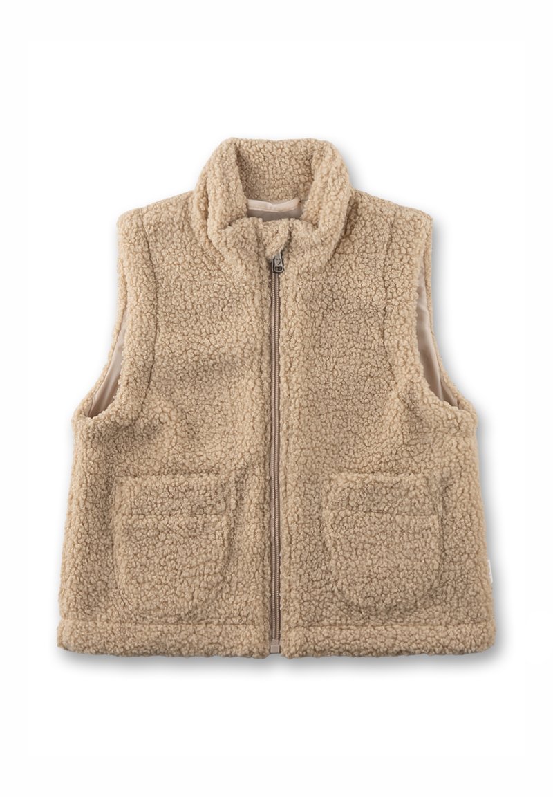 Fleece-Weste in hellem Beige mit hohem Kragen, Frontreißverschluss und zwei großen Taschen. Weicher, strukturierter Stoff für Wärme und Komfort.