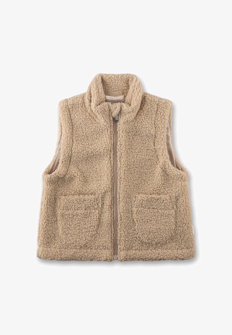 Fleece-Weste in hellem Beige mit hohem Kragen, Frontreißverschluss und zwei großen Taschen. Weicher, strukturierter Stoff für Wärme und Komfort.