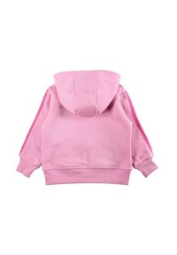 Sweat à capuche rose avec texture côtelée, doté de manches longues et d'une capuche à cordon de serrage. Agrémenté de panneaux latéraux contrastants dans une teinte similaire.