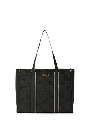 Borsa tote nera con motivo a quadri in rilievo, manici lunghi con bordi beige e logo dorato Lancetti al centro davanti.