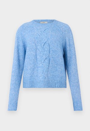 Maglione lavorato a maglia azzurro chiaro con maniche lunghe e un motivo centrale a treccia, polsini e orlo a coste.