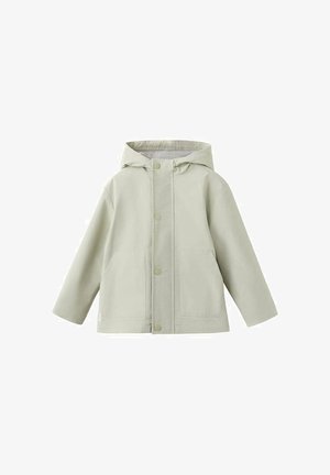 Giacca beige chiaro con cappuccio, bottoni a pressione frontali e due grandi tasche anteriori, mostrata su sfondo bianco.