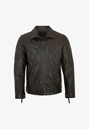 Dunkelbraune Lederjacke mit Frontreißverschluss, Reißverschlusstaschen an der Brust, gesteppte Ärmel-Details und klassischem Kragen.