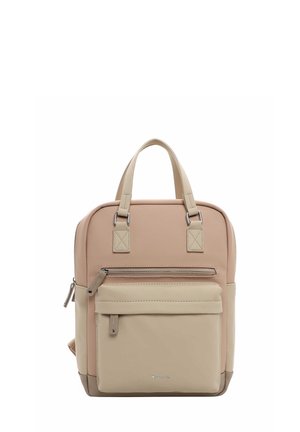Leather backpack in beige and light tan, featuring a zippered front pocket, dual top handles, and a structured rectangular design.